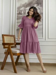 Trendmalls Women's Solid Crepe Flared Pleated Midi Western <b>Dress</b> with Natural Waist (V30-<b>Purple</b>) Plain Dyed - Product Image 6