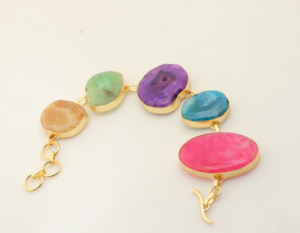Cadena de Eslabones Chapada en Oro de 18K Hecha a Mano con Ágata, Pulsera de Piedras Preciosas Ajustable Estilo Boho Chic - Product Image 3