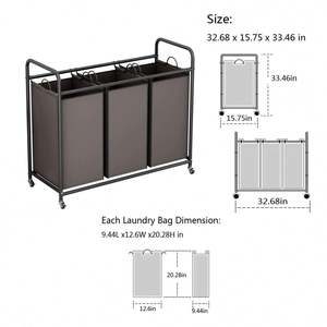 3-Bag <b>Laundry</b> Sorter <b>Laundry</b> Hamper Cart <b>with</b> Heavy Duty Rolling Lockable <b>Wheels</b> and Removable Bags (Black) - Product Image 3