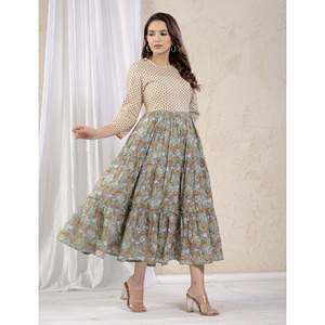 Vestido Anarkali de Algodón Verde Estampado, Estilo Americano - Product Image 5