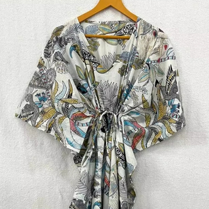 ชุดเดรสคาฟตันทำด้วยมือชุดเดรสยาวถึงพื้นทำจากผ้าฝ้ายชุดกิโมโนชุดยาวถึงพื้นพิมพ์ลายลิงสั้นชุดเดรสลำลองชายหาดธรรมชาติ - Product Image 1