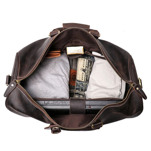 Bolsa de Viaje de Fin de Semana Plegable de Cuero Genuino, Ligera, de Gran Capacidad, con Cierre de Cremallera, Portátil, Resistente, Color Marrón - Product Image 4
