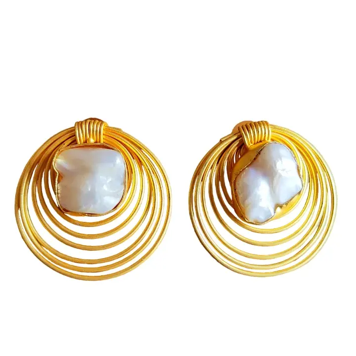 High Quality Irregular 18k Gold Plated Big Baroque Pearl Wire Wrapped Geometric Earring Women Lady Exaggerated Statement Earring
