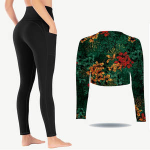 Sublimated <b>Cropped</b> Long-Sleeve Yoga Top with High-Waisted Solid Yoga <b>Leggings</b>, Yoga Sets Versatile Gym Wear Women Sets - Product Image 2