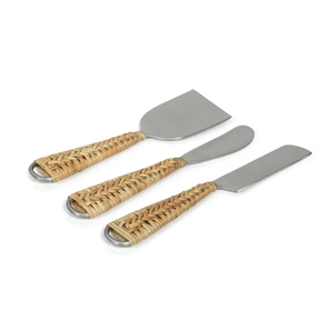 Service à fromage en rotin d'acier inoxydable poli miroir avec poignée en rotin service à fromage de table fournisseur en gros - Product Image 6