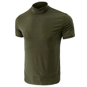 T-shirt d'été décontracté à manches courtes pour hommes Col haut Slim Fit T-shirt couleur unie élastique mince Pullover Tee Shirt - Product Image 4