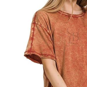 Camiseta de lavado ácido Vintage informal de fabricante para mujer, camisetas de lavado ácido de algodón 100% de alta calidad, transpirables - Product Image 2