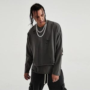 Sweat-shirt à capuche vintage pour homme, style streetwear, déchiré, en molleton 100% coton, brodé de perles, couleur unie, coupe oversize, logo personnalisé, été - Product Image 5