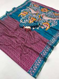 ผ้าไหมทัสซาร์เนื้อนุ่มปักลายคาลัมคารีสวยงามหรูหราสำหรับผู้หญิง พร้อมขอบสีทองทันสมัย แบบไม่มีเสื้อคลุม - Product Image 2