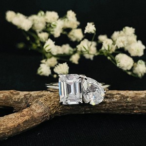 Anillos de compromiso Toi Et Moi con diamante certificado CVD IGI de Esmeralda y pera de oro macizo de 14K. Anillo de Compromiso Diamante Corte Esmeralda Pera - Product Image 2