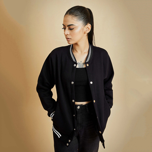 Best Quality Women's Slim Fit Breathable Bamboo Fiber <b>Fleece</b> Varsity <b>Jackets</b> with Covered Buttons Winter <b>Warm</b> - Product Image 3