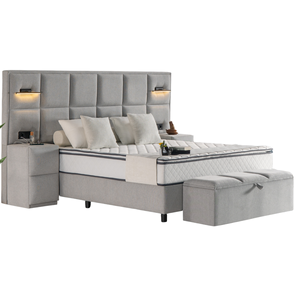 Ensemble de chambre à coucher de luxe HONKONG Design Rembourré Velours Lin Base de rangement avec tête de lit Banc 2 Meubles de maison Bois - Product Image 2