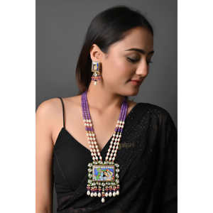 Radha-Krishna Hanpianted Meenakari Kundan Long Pendentif Set avec Boucles d'Oreilles Fine Jewelry - Product Image 5