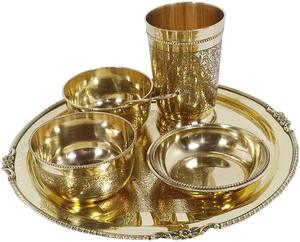 Brass pooja <b>Set</b> Luxury Spoon Restaurant Ware Home Hotel (Golden) <b>6</b> Pieces 1 Thali 2 Bowl 1 Sweet Plate 1 <b>Glass</b> 1 Spoon - Product Image 4
