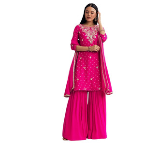 ชุดสูทชาราผ้าไหมลายโดลาสีแดงพิมพ์ลายปักสำหรับเจ้าสาว mehndsangeet ขายส่งเทศกาลและประเพณีชาติพันธุ์ - Product Image 3