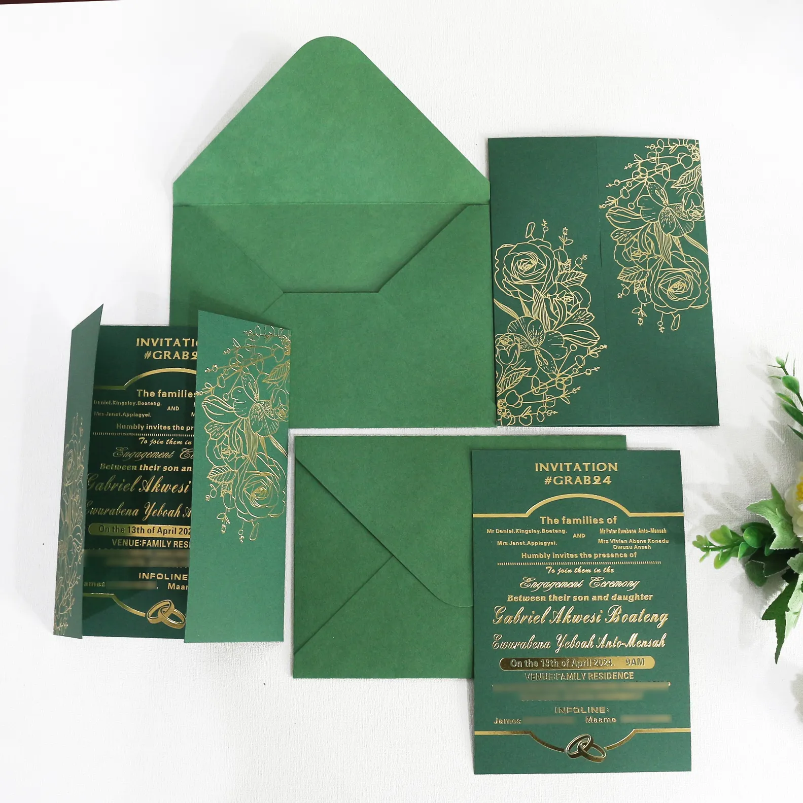 Dark Green Wedding Invitation Card Custom Gold Foil Design with Cover Jacket and Envelope