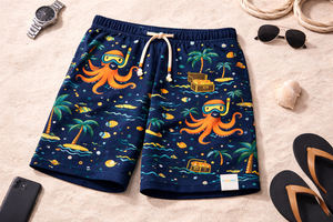 กางเกงชายหาดผู้ชายแบบสั่งทำพิเศษ – กางเกงขาสั้นลำลองพิมพ์ลายการ์ตูนเอวยางยืดพร้อมเชือกผูก (สีกรมท่า) - Product Image 6