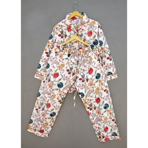 Bộ đồ ngủ in hoa cotton Ấn Độ siêu mềm thiết lập đồ ngủ đêm lỏng lẻo nút có thể tháo rời Nút túi phù dâu PJ - Product Image 1