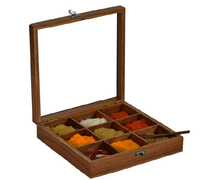 Boîte à épices avec cuillère en bois de Sesham Organisateur de cuisine Masala Dabba avec couvercle en verre Porte-épices Masala Dabba Rangement de cuisine