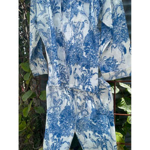 Pijamas Largos Tejidos Azules Estilo Chinoiserie para Mujer, Ropa de Dormir de Algodón Sostenible y Transpirable, Cintura Elástica, Logotipo Personalizable - Product Image 3