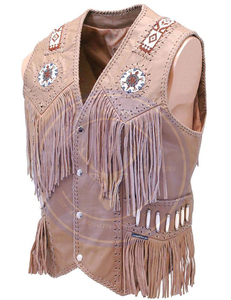 Gilet authentique en cuir véritable marron pour homme, frangé, perlé, fait à la main, style western américain, veste tactique d'hiver - Product Image 3
