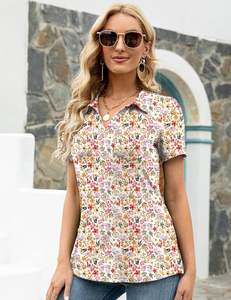 Blouses tuniques décontractées amples pour femmes col en V pour polos poche manches courtes hauts à col respirant comprimé maillot solide - Product Image 3