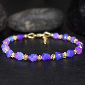 Natural Fire Lavender Opal Nugget 925 <b>Sterling</b> <b>Silver</b> 14k Gold Plated Vermeil <b>Charm</b> <b>Bracelet</b> For Women Vintage - Product Image 4