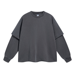 เสื้อยืดแขนสองข้างสำหรับผู้ชายเสื้อยืดผ้าฝ้ายโอเวอร์ไซส์สำหรับซักความเป็นกรดยาวสองชั้นงานตามสั่ง - Product Image 2