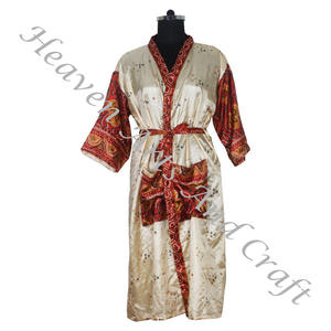 KL018 Kimono de seda bohemio Vintage Sari largo bohemio gitano reciclado Sari de seda Vintage Sari Kimono batas largas vestido de mujer ropa de dormir - Product Image 4