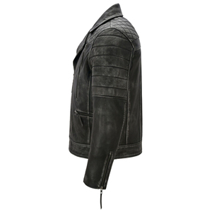 Chaqueta de cuero genuino para hombre con cierre de cremallera de cuello mandarín y forro de lona de poliéster temporada de invierno negra - Product Image 4