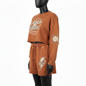 Women premium cotton fleece <b>rust</b> brown crop sweatshirt short set applique embroidery patch logo 100% Cotton Crop <b>Top</b> & Shorts - Product Image 4