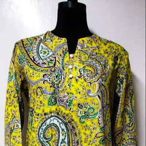 Yellow Paisley & Flower Print For Summer Wear Straight Long <b>Kurti</b> With 3/4 Sleeves - Product Image 1