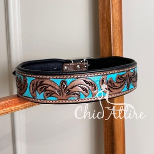 Collier de chien occidental personnalisé en cuir pleine fleur usiné à la main Collier de chien personnalisé en cuir véritable Design floral Collier de chien rembourré - Product Image 1