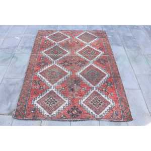 Vintage Turkish Rug, 4.2x5.6 ft Rug, <b>Red</b> Blue Solid <b>Wool</b> Rug - Product Image 1
