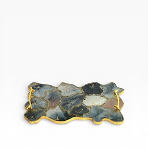 Square Natural Blue Agate Stone Serving Tray with Polished <b>Crystal</b> Tiles and Sleek Silver Metal Handles - Product Image 5