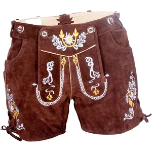 Women's Traditional Lederhosen with belt And dark brown Goat Suede Leather With Antique Embroidery enge lederhose fr mdchen