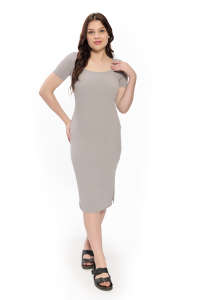 Robe moulante grise pour femme avec encolure dégagée et demi-manches et longueur sous le genou extensible pour une tenue décontractée et de fête - Product Image 2