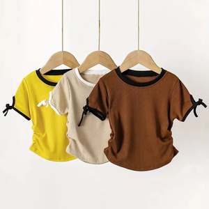 Pullover anak perempuan kaus lengan pendek pas badan leher bulat dengan desain pita setelan tiga potong pakaian rajut Sensual kasual musim semi/musim panas - Product Image 2