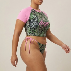 Women Plus Size Eco-Friendly Stretch Camo Letter Print Bikini Set Crop <b>Top</b> Tie Side Thongs Pink Accents Spandex Front/Waist - Product Image 4