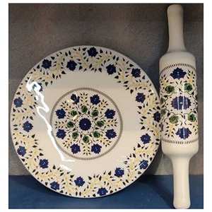 ABK IMPEX High Quality Eco-Friendly Bulk Supply Printed White <b>Marble</b> Roti Maker with Wooden Belan and Enamel Print Chakla - Product Image 3