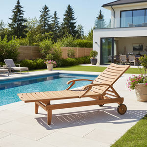 Chaise longue exclusive en teck massif moderne avec accoudoirs et roulettes, fauteuil inclinable de luxe pour piscine extérieure, hôtel, complexe hôtelier, jardin - Product Image 3