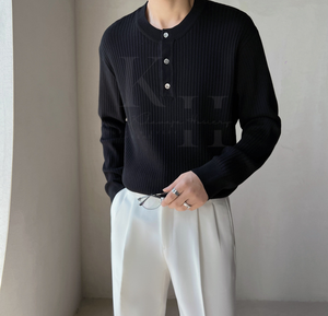 Best Selling <b>Vintage</b> Buckle Round Neck Solid Color <b>Sweater</b> Casual Basic Knit Men's <b>Sweater</b> Long Sleeve Pullover Classic Outfits - Product Image 3