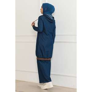 Ensemble deux pièces décontracté pour femme en denim côtelé bleu foncé, col rond, manches longues, fermeture éclair, 100 % coton, XS/XS, avec short mi-longueur au genou - Product Image 4