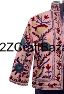 Women's Handmade Knitted Suzani Floral Embroidered Ruffles 100% Cotton Eco-Friendly Bomber Jacket Spring Winter Boho Indian - Product Image 2