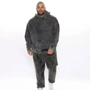 Chándales acampanados de lavado ácido con cremallera hasta 500 GSM, traje de jogging de pierna recta, chándal desgastado, sudaderas con capucha y pantalones de chándal, conjuntos para hombres - Product Image 1