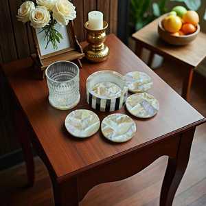 Juego de Posavasos de Mármol Indio con Incrustaciones de Piedra, Arte de Incrustaciones de Piedra, Posavasos de Mármol Blanco, Posavasos de Lujo para Bebidas - Product Image 4