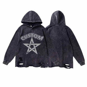 OEM Personnalisé Vintage Distressed Sweat à capuche pour hommes 100% coton French Terry Baggy Sweatshirts surdimensionnés Automne Imprimer Cordes brodées - Product Image 1