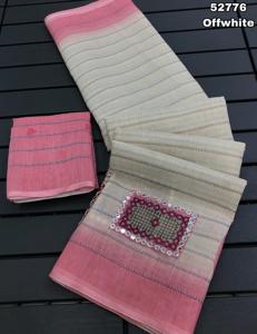 Sari en lin doux pour femme avec broderie et travail de miroir en feuille d'aluminium, design indien, en stock - Product Image 2