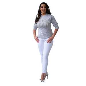 Suéter de estrella plateada gris griego para mujer, Jersey de punto de cuello redondo con letras adornadas con perlas, Top elegante de moda de manga larga - Product Image 2