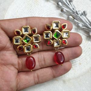 Colorful Kundan Gold Plated <b>Drop</b> <b>Earrings</b> <b>Red</b> Green Stone Ethnic Party Jewelry for Women Indian Traditional <b>Earrings</b> - Product Image 3